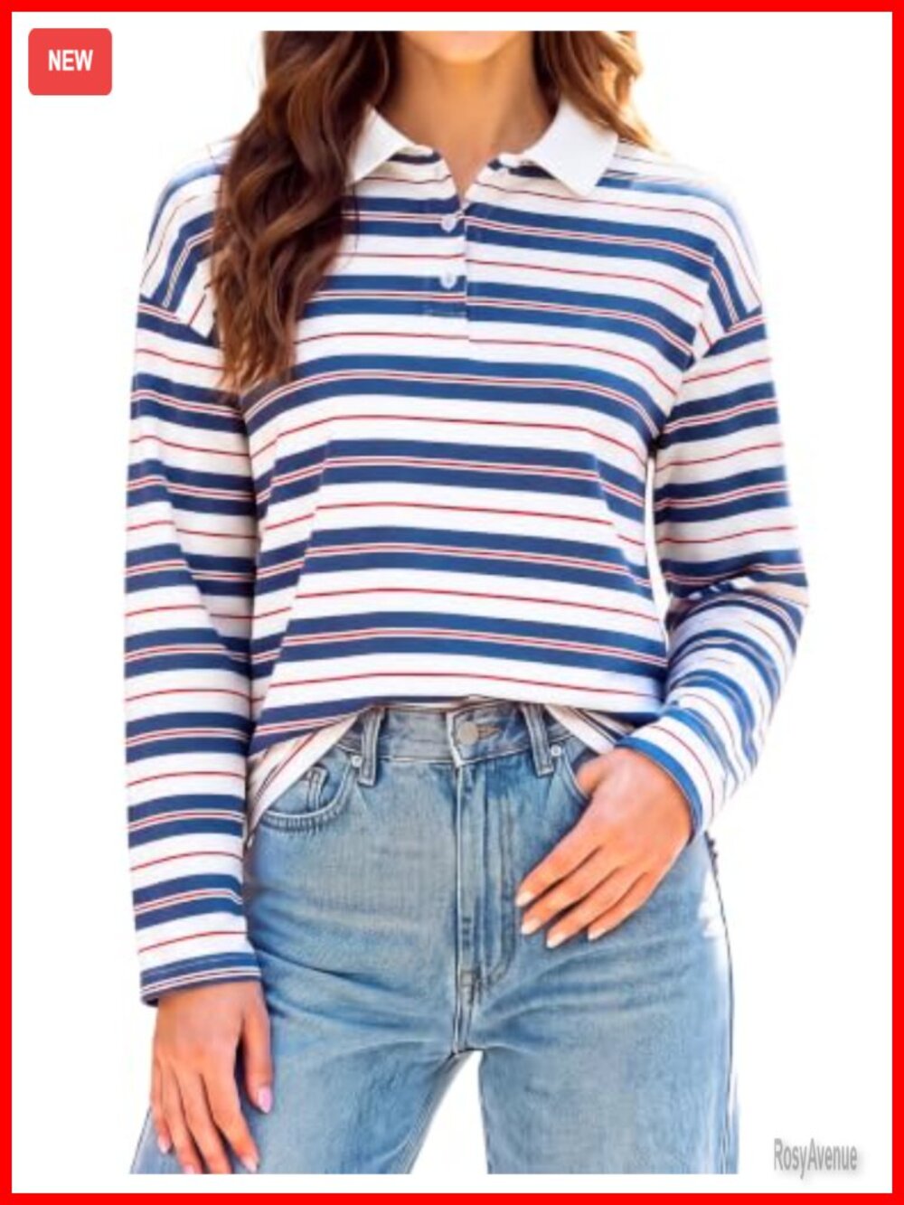 Rugby Striped Polo Shirt Long Sleeve Oversized Y2K Pullover Top